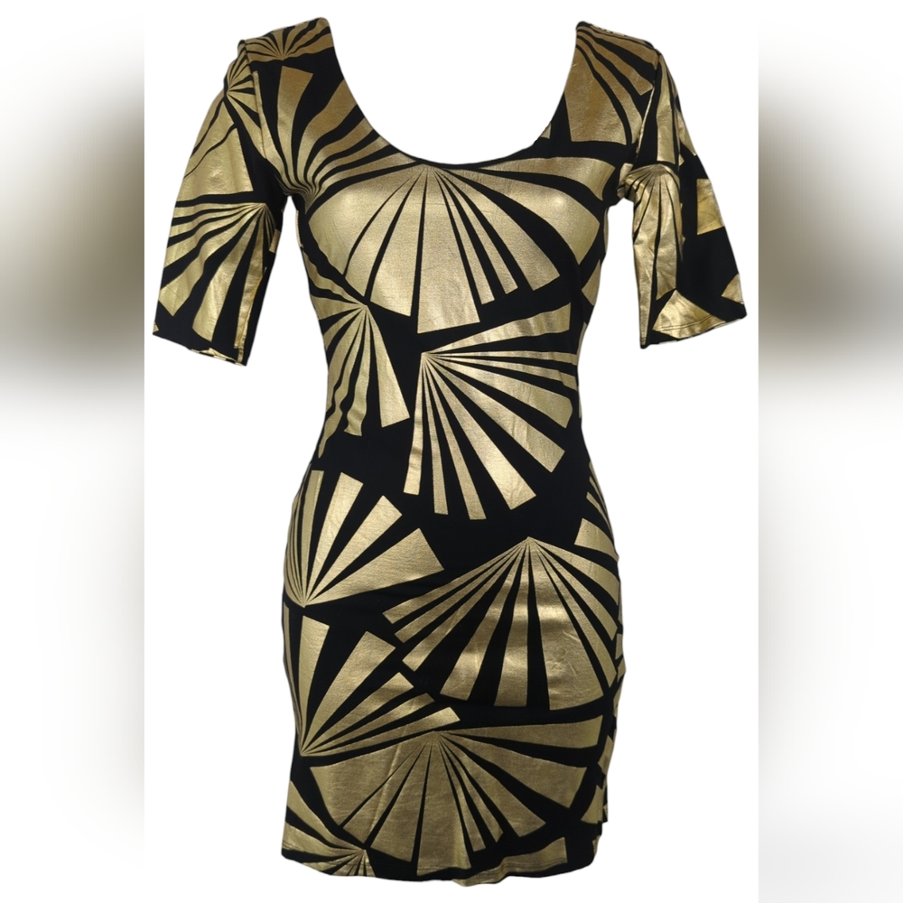 Bebe gold black metallic bodycon dress club party sexy tight mini XXS